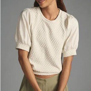 Anthropologie Porridge Puff-Sleeve Pullover Top Stone Gray White - XL